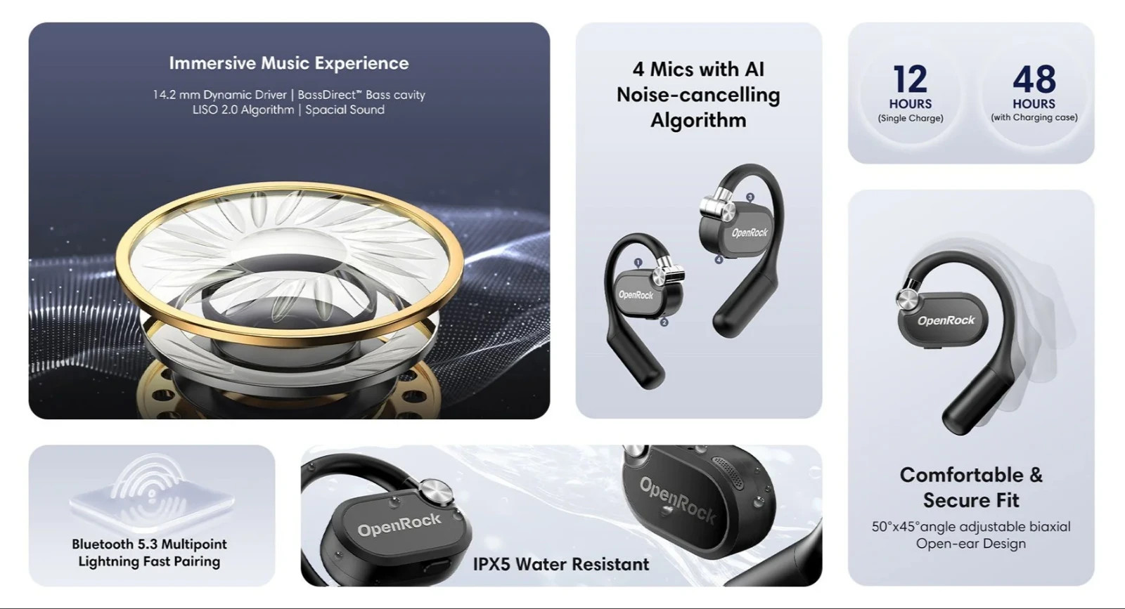 OpenRock X Open-Ear Headphones Bluetooth 5.3 Wireless Over-Ear Earbuds | Black