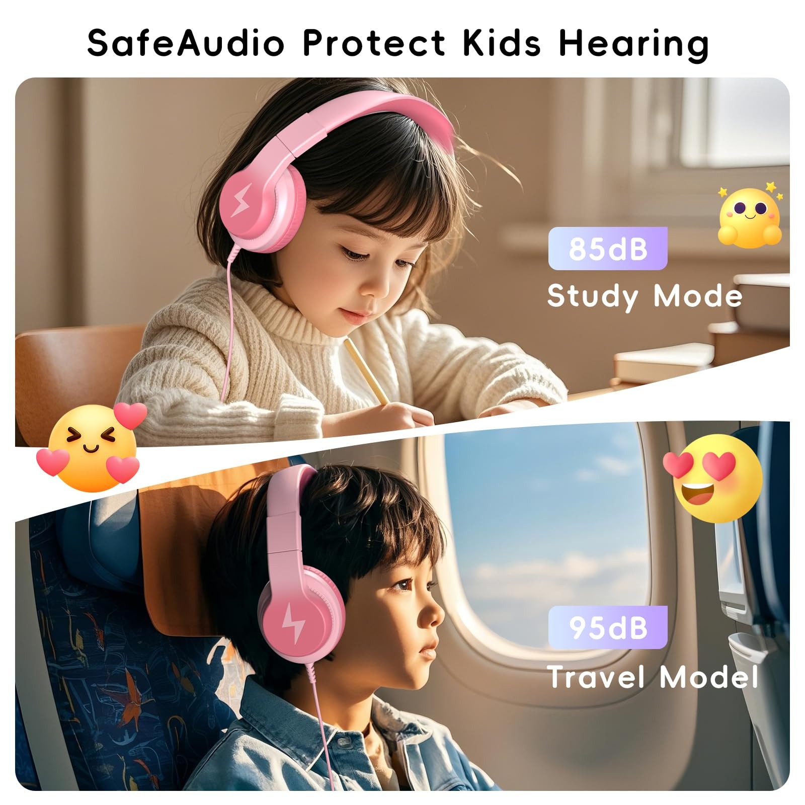 Kids Wired Headphones Microphone 85/94dB Volume Limiter Light Pink Audio
