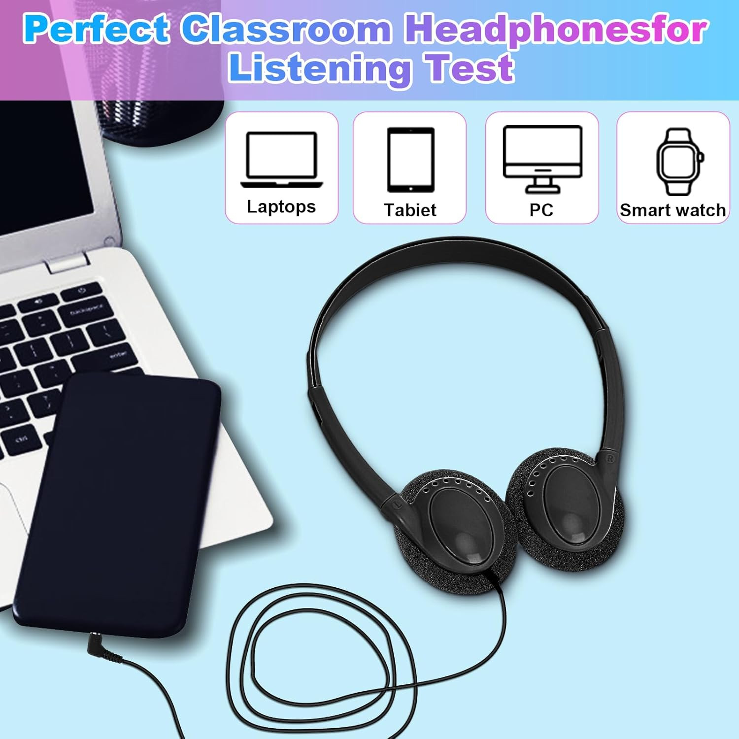 Bulk Headphones 50 Pack for Classroom School Kids, Wholesale Wired Adjustable on
