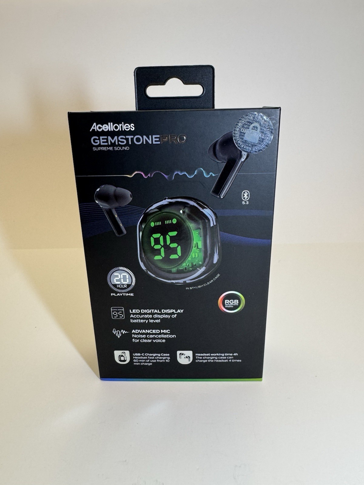 Acelloiries GemstonePro LED Digital Display Earbuds 20 Hours of Playtime Black