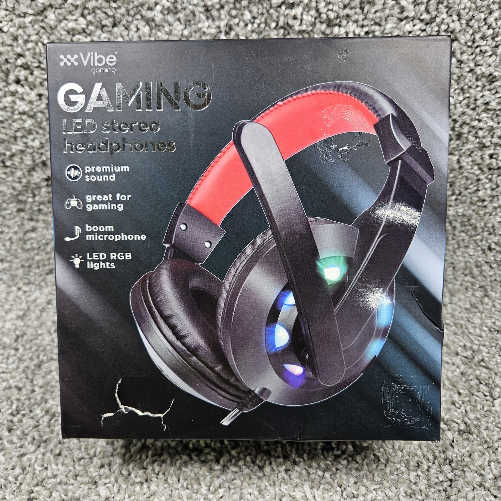 Vibe Gaming LED Stereo Headphones RGB Lights Boom Mic PC Adapter Black Red