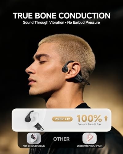 PSIER Bone Conduction Headphones Bluetooth 6.0 Open Ear 10Hr Playtime IPX5 Black