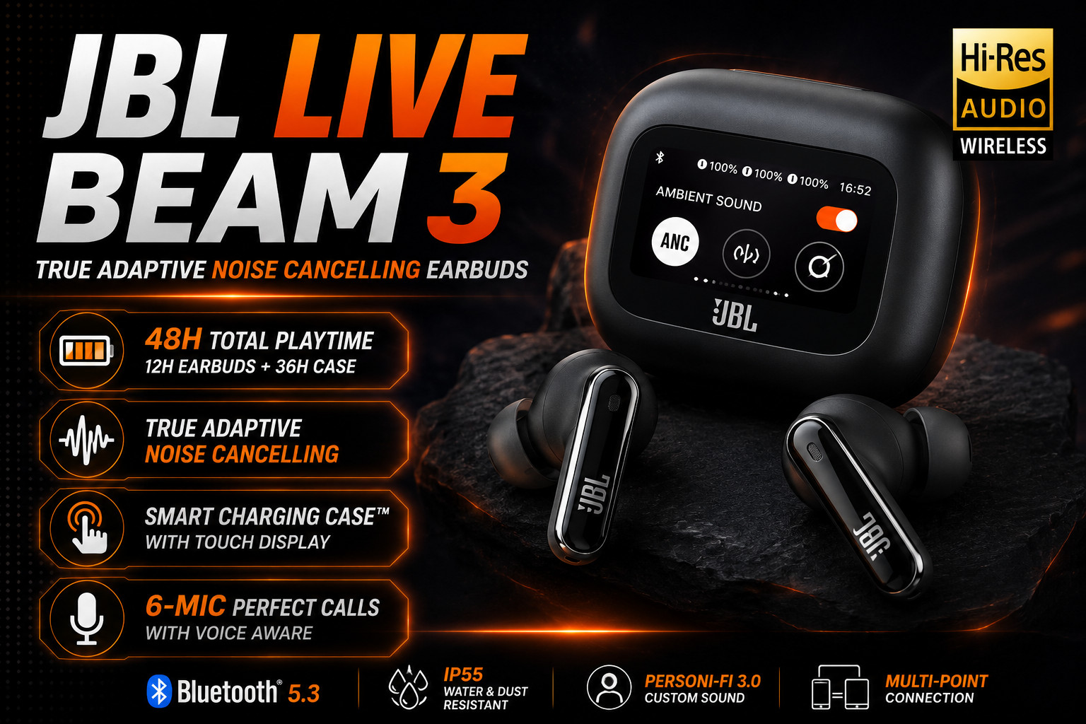 JBL Live Beam 3 True Wireless ANC Earbuds w/ Smart Charging Case