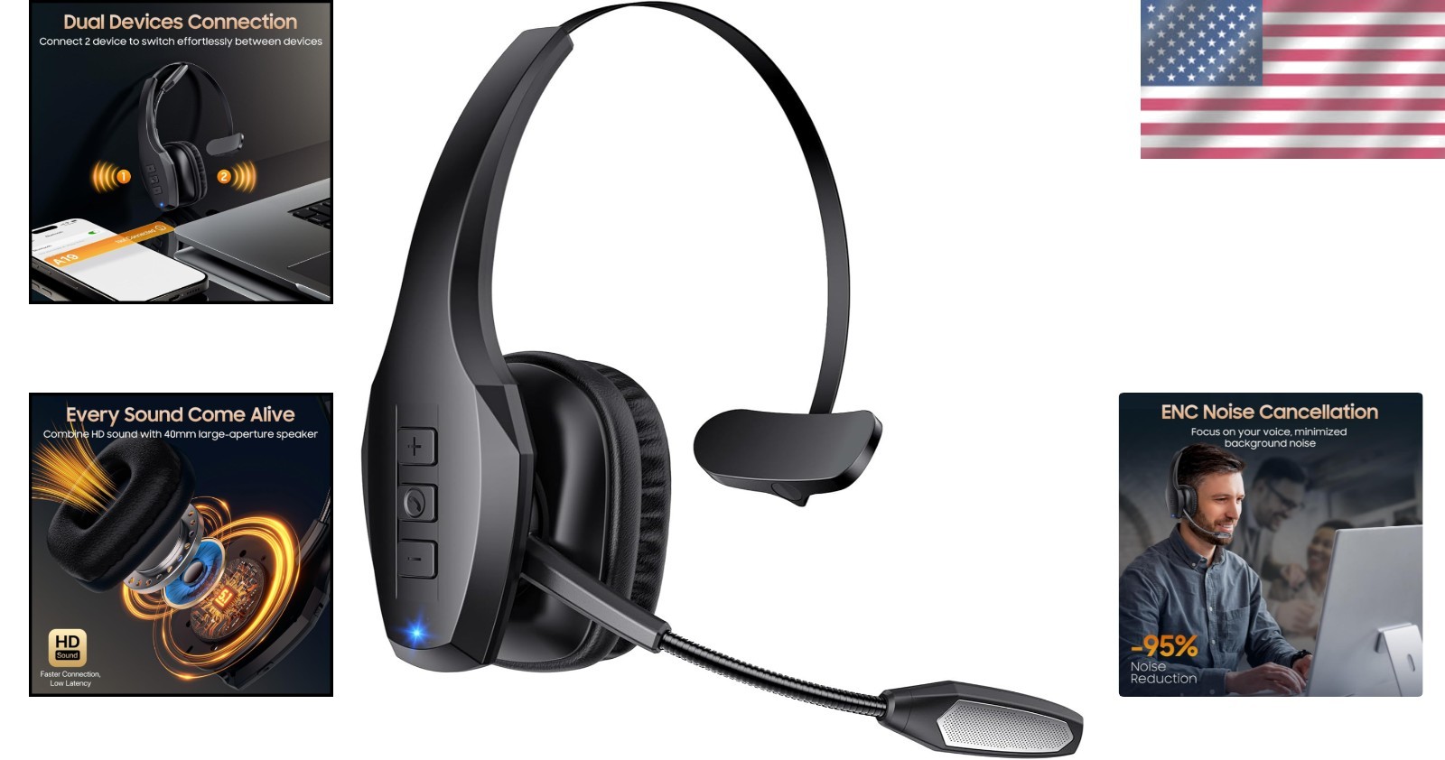 Trucker Bluetooth Headset, V5.2 Wireless Headset with Upgraded Black