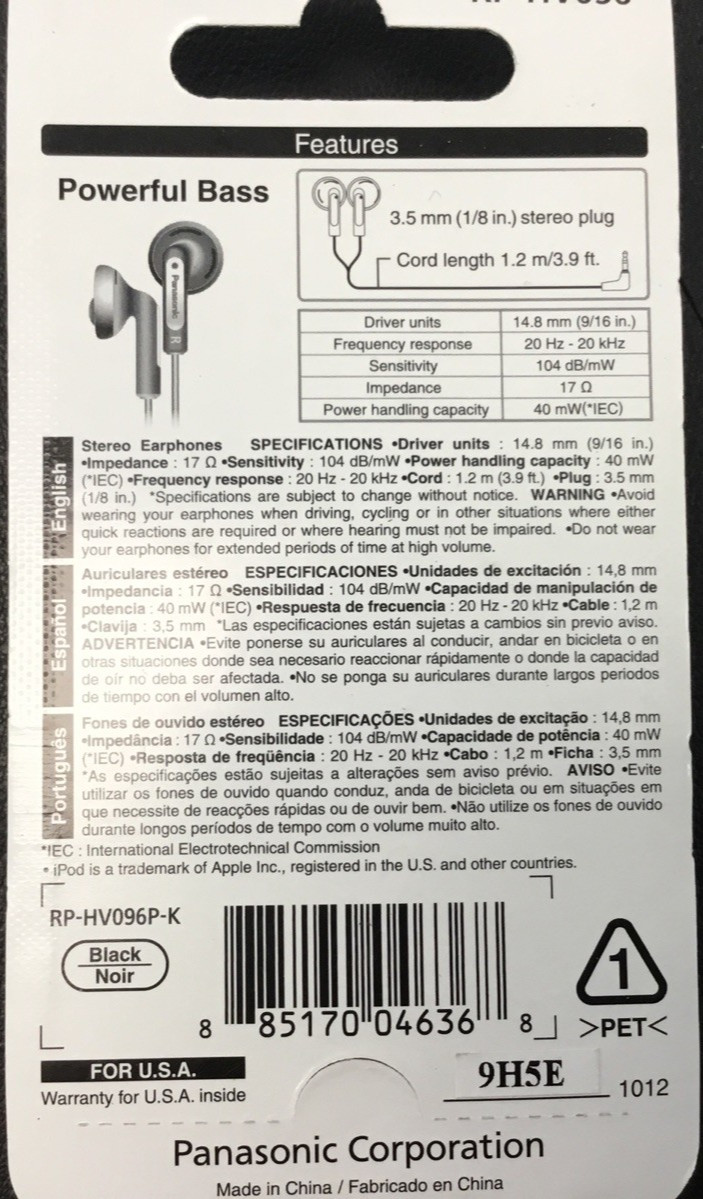 Panasonic RP-HV096 Black Stereo Corded Earphones / Earbuds 3.5mm (1/8″) Jack