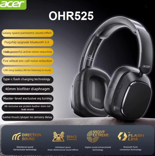 Acer OHR525 ANC Bluetooth Headphones Black Wireless HD Mic Active New