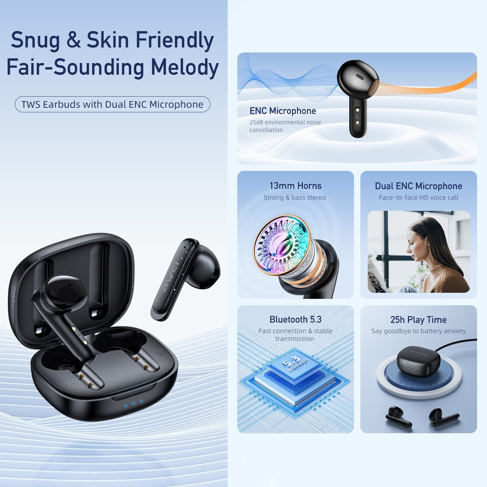 Auricular Bluetooth Eafbuds awei T66 ENC Reducción de ruido TWS (azul oscuro)
