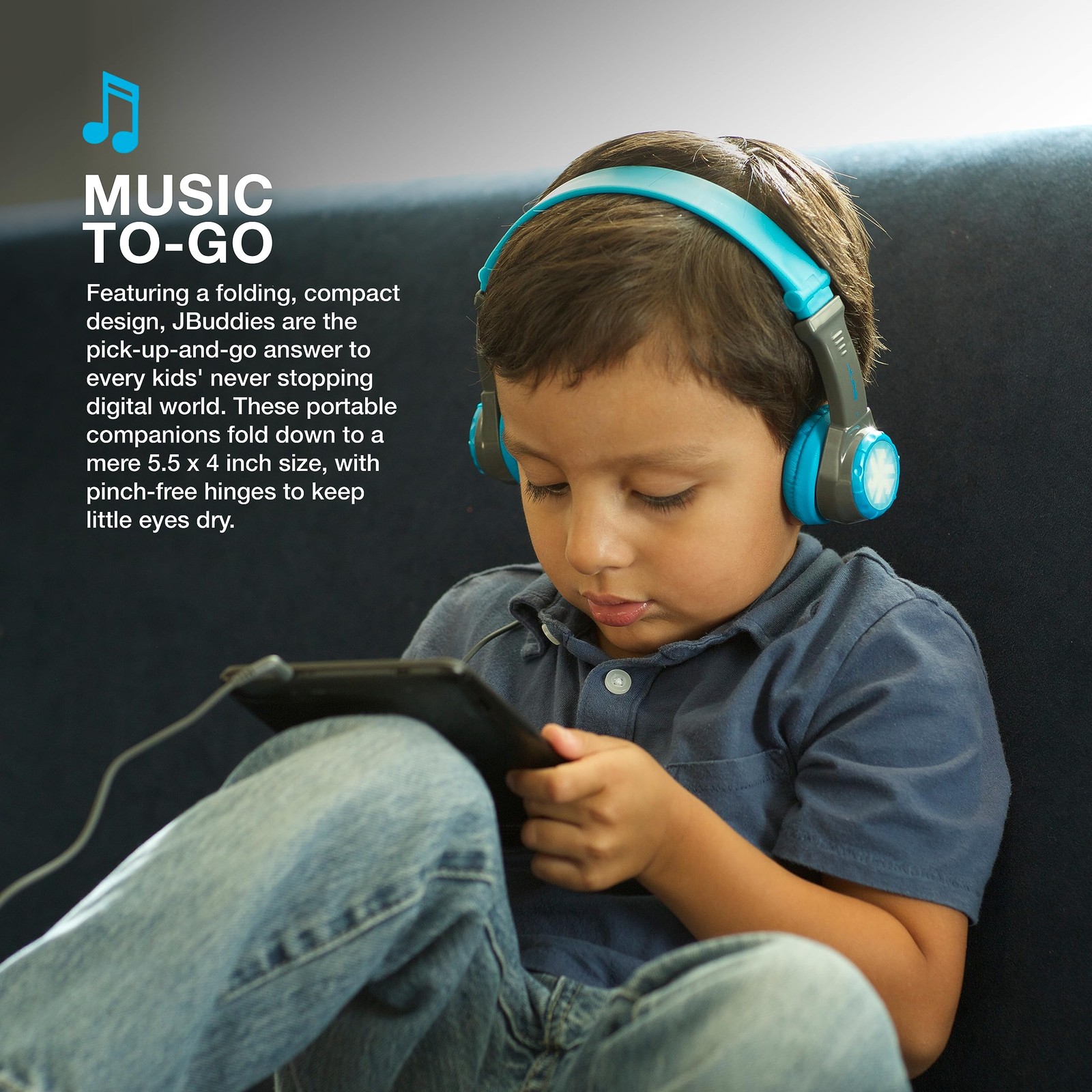 JLab JBuddies Folding Kids Headphones Volume Limiting Noise Isolation Gray/Blue
