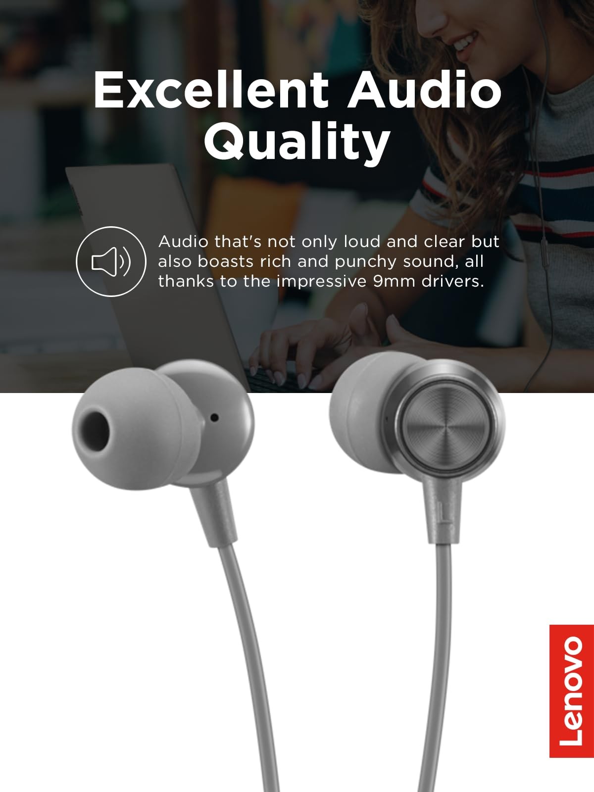 Lenovo 110 Analog In Ear Headphones Wired with Microphone and Multiple Ear Tips