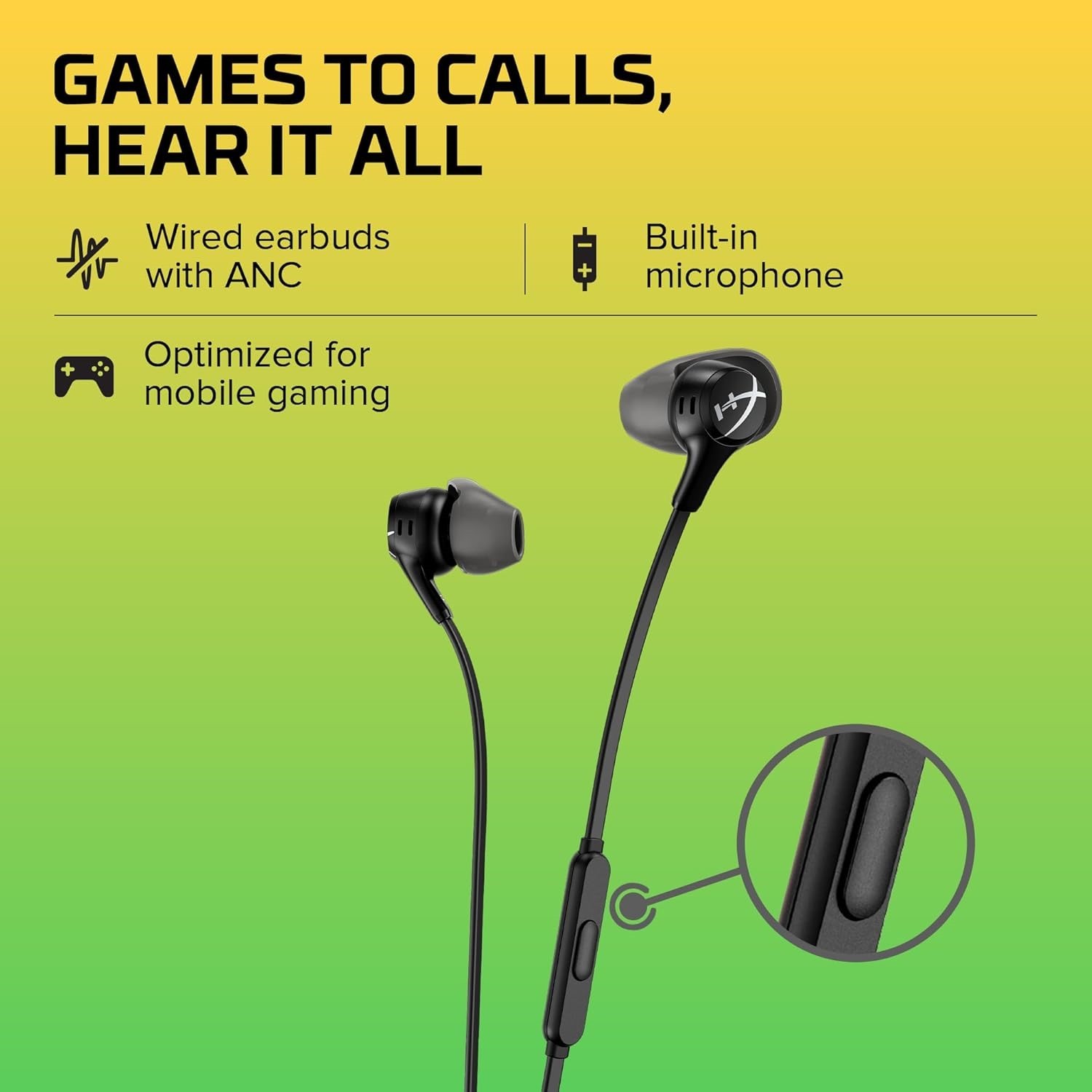 HyperX Cloud II Wired ANC Earbuds w/Carrying Case & Replaceable Ear Tips Black