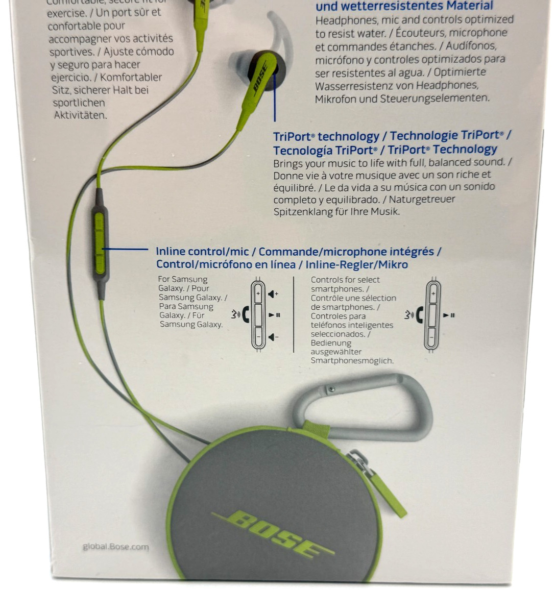 BOSE SoundSport in-ear headphones Wired Samsung Galaxy Controls Green / Grey NEW