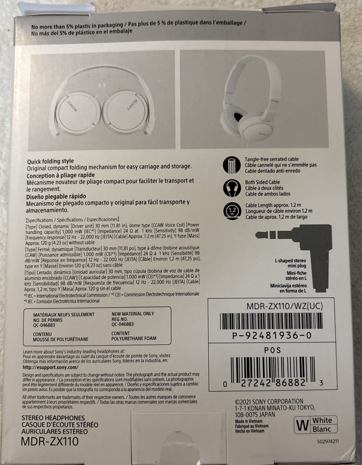 Sony MDR-ZX110 Ear-Pad (On the Ear) Headband Headphones – White