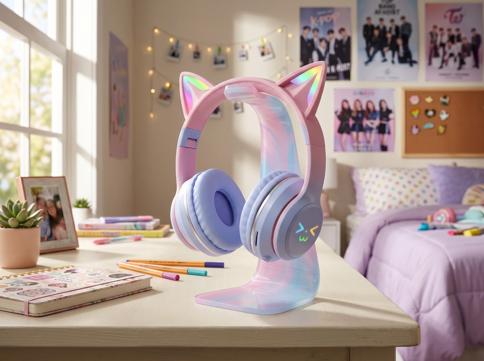 Kids Cat Ears Headphones with Microphone (RGB LED/WIRELESS/BLUETOOTH/FOLDABLE)