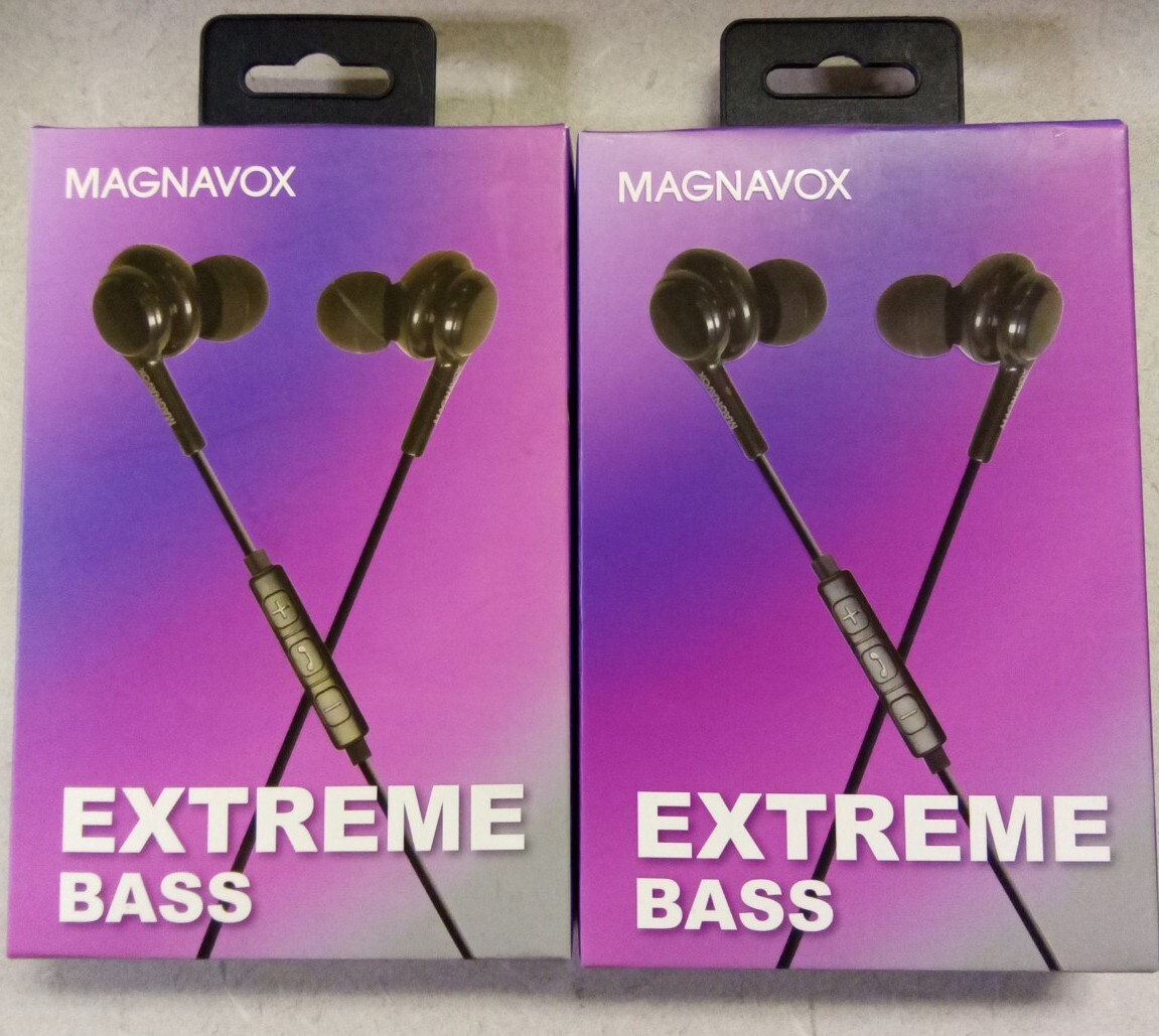 2 Magnavox In-Ear Silicon Earbuds with Extreme Bass. Feel The Bass. Black.
