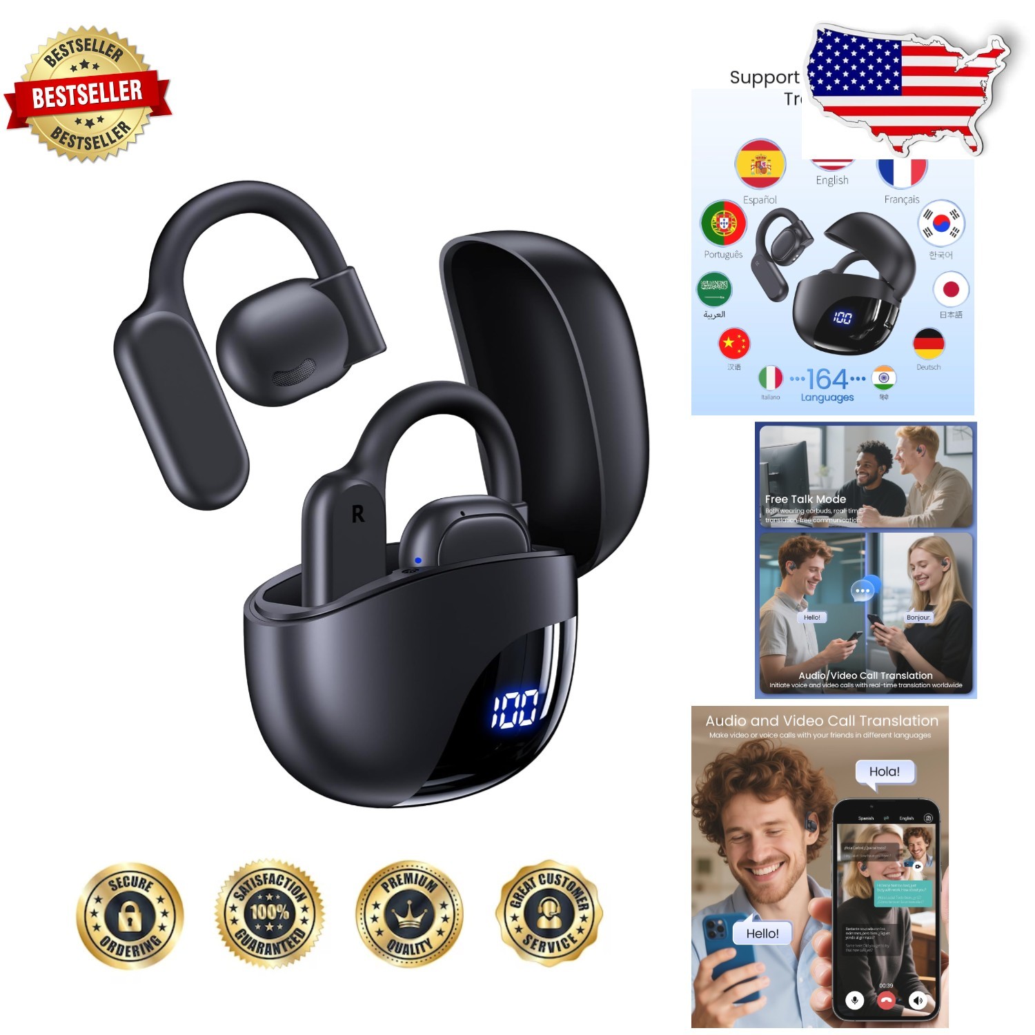 AI Translation Earbuds Real-Time 164 Languages 80H Playtime Wireless Bluetooth