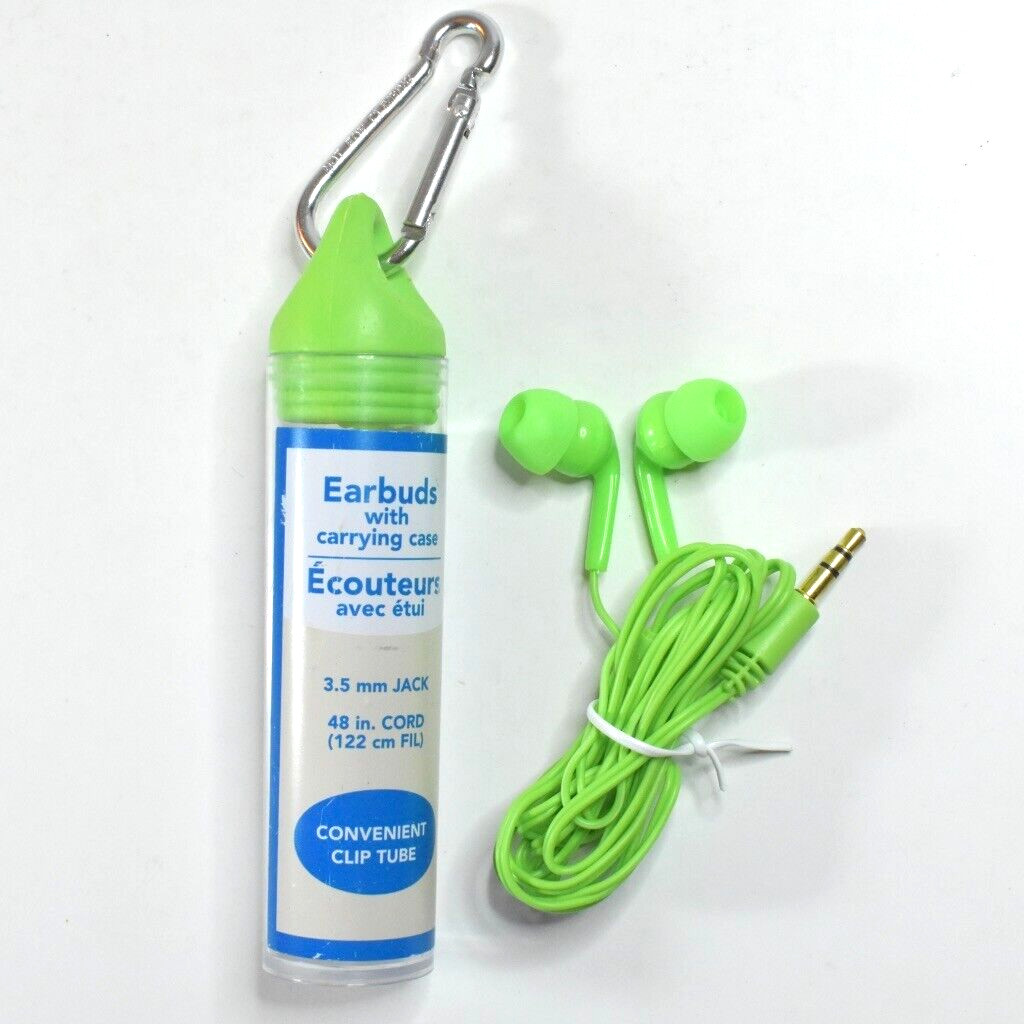 Earbud Headphones Neon Green With Convenient Clip Tube Carrying Case + Carabiner