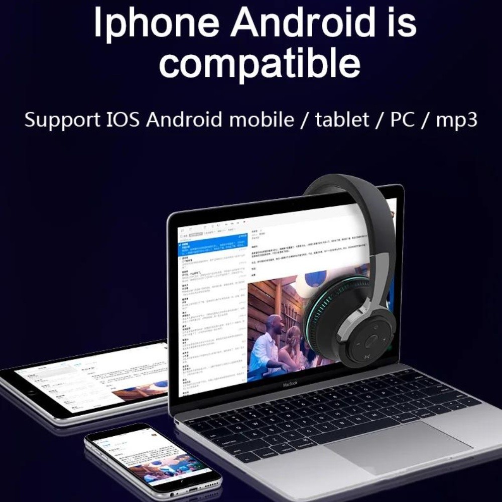 Wireless Bluetooth 5.1 Headphones Over Ear LED Headset Stereo Noise Cancelling