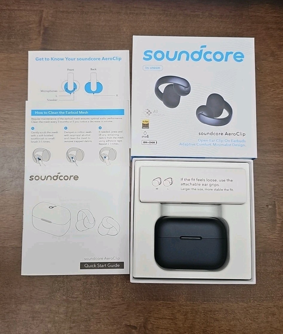 Soundcore AeroClip Open-Ear Earbuds Clip-On Headphones Adaptive Comfort 4 Mic OB