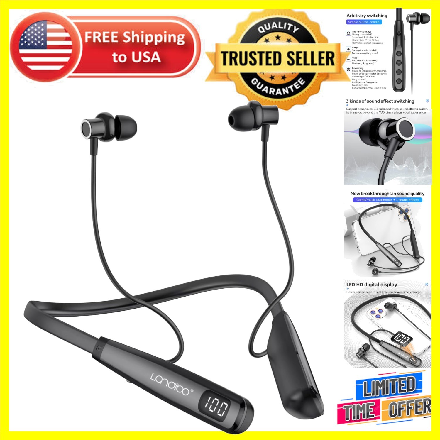 Wireless Waterproof Sports Earphones with 100H Playback & Noise Cancellation