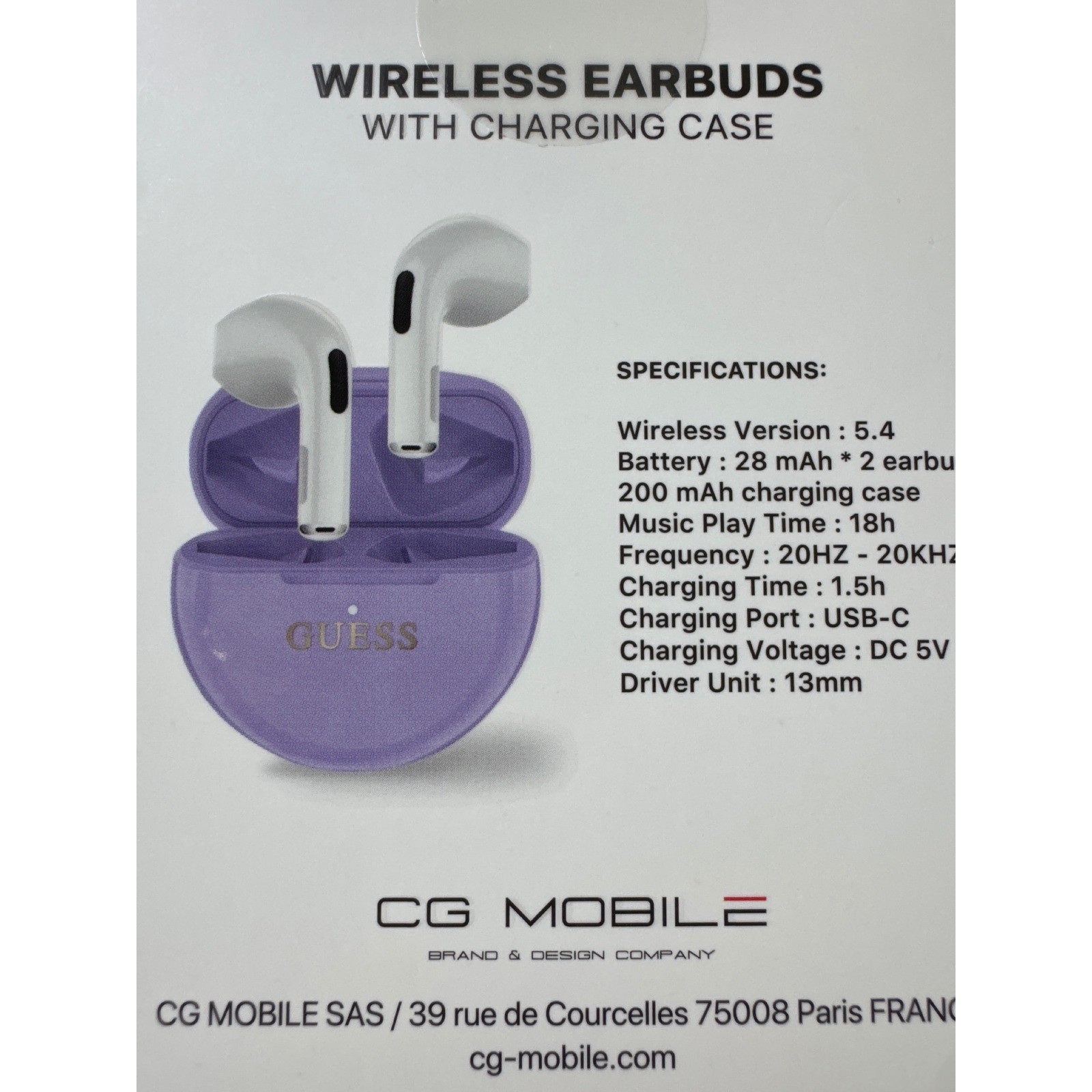 Guess Wireless Earbuds with Charging Case Purple White Bluetooth 5.4 USB-C NEW