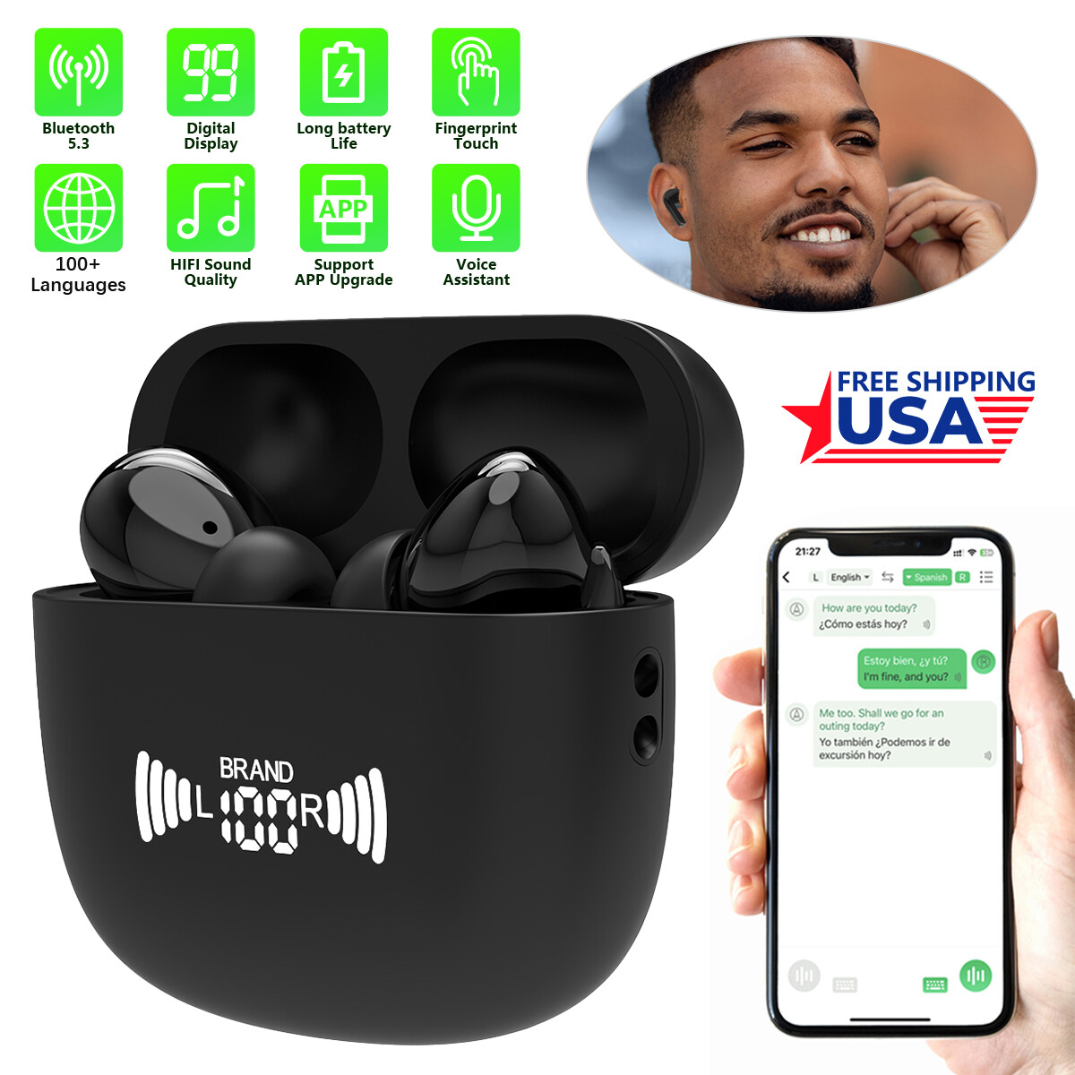 155+ Languages Translator Earbuds Wireless Bluetooth 5.1 Headphones Headsets #