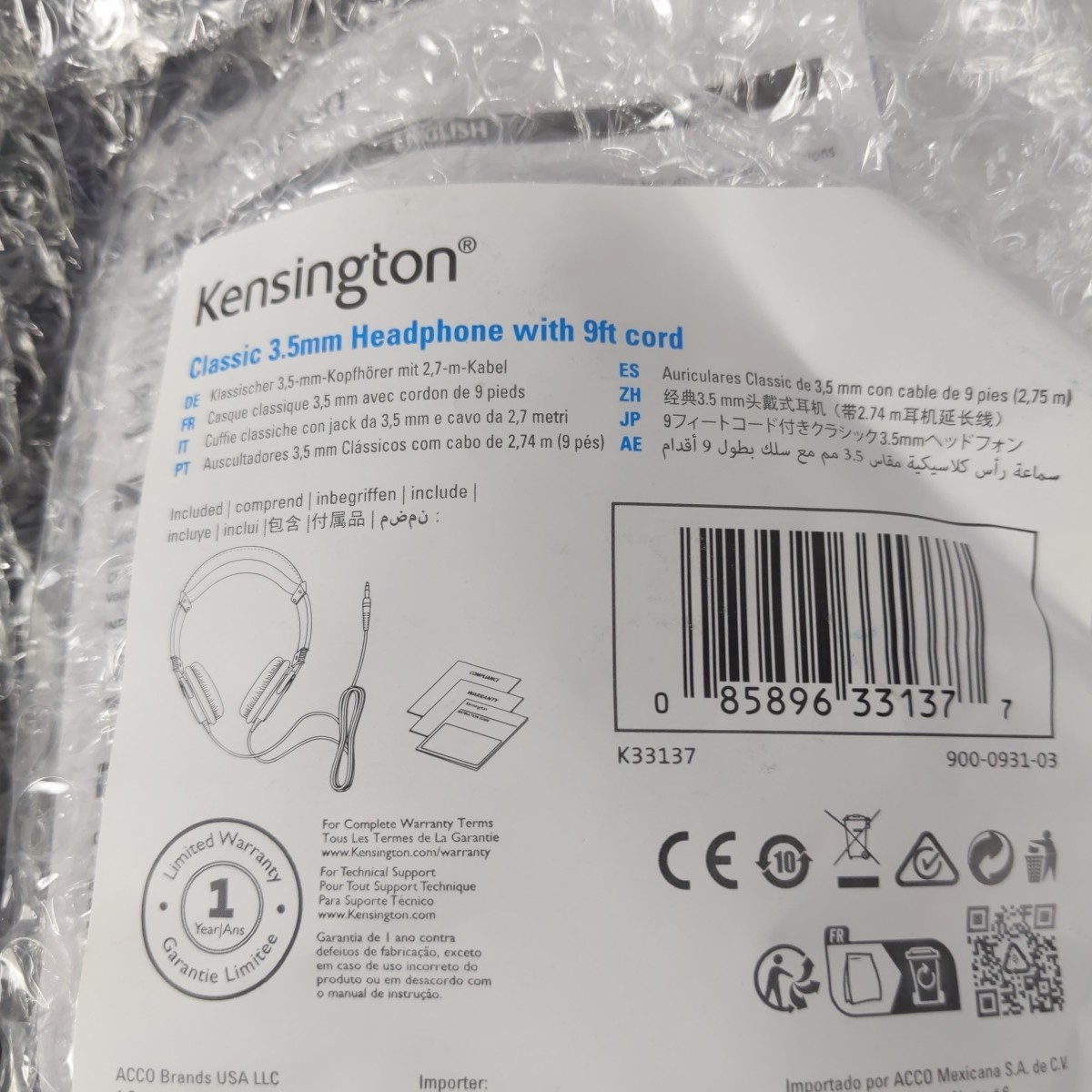 Lot of 5 Kensington K33137 Headband Headphones – 3.5mm with 9ft cord Black New