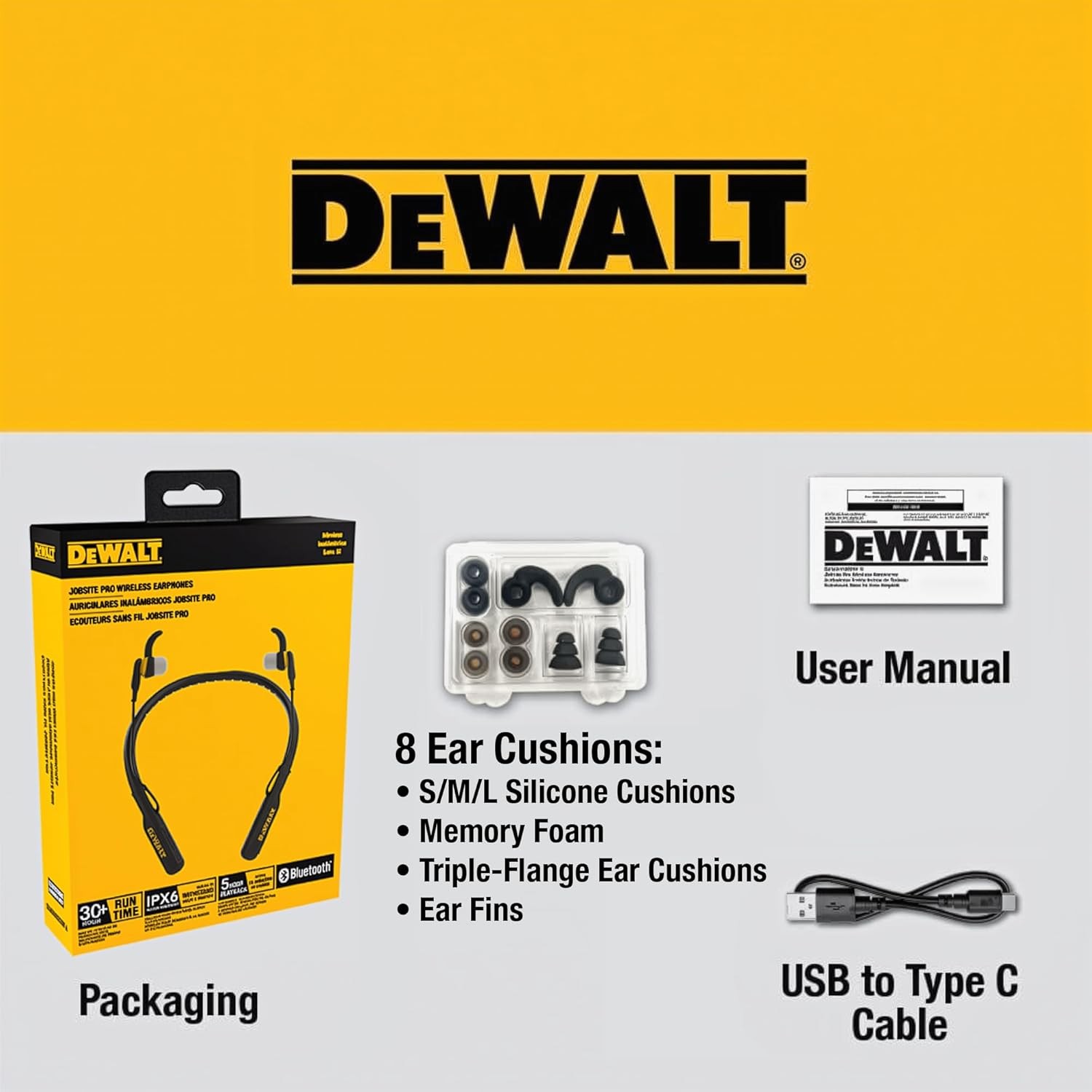 DEWALT Heavy Duty Black Edition 2-In-1 Neckband Bluetooth Headphones W/Built-In