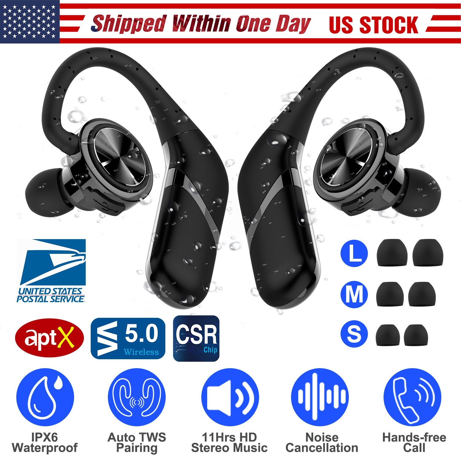 True Wireless V5.0 Earbuds Stereo Earphones IPX6 Waterproof 11Hrs Playtime w/Mic
