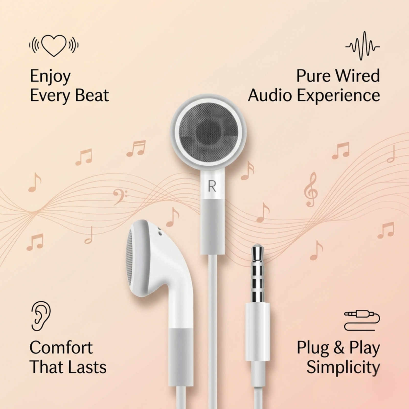 Wavesound White Wired Earbuds with 3.5mm Jack, No Mic and No Remote – 12 Pack