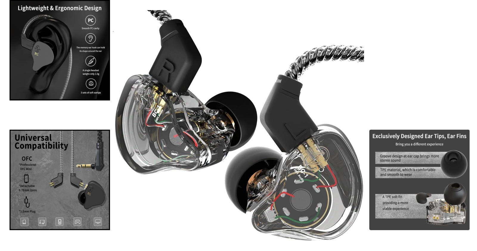 Comfortable CCZ Melody Clear Black Earbuds: Perfect for On-Stage and Studio Use