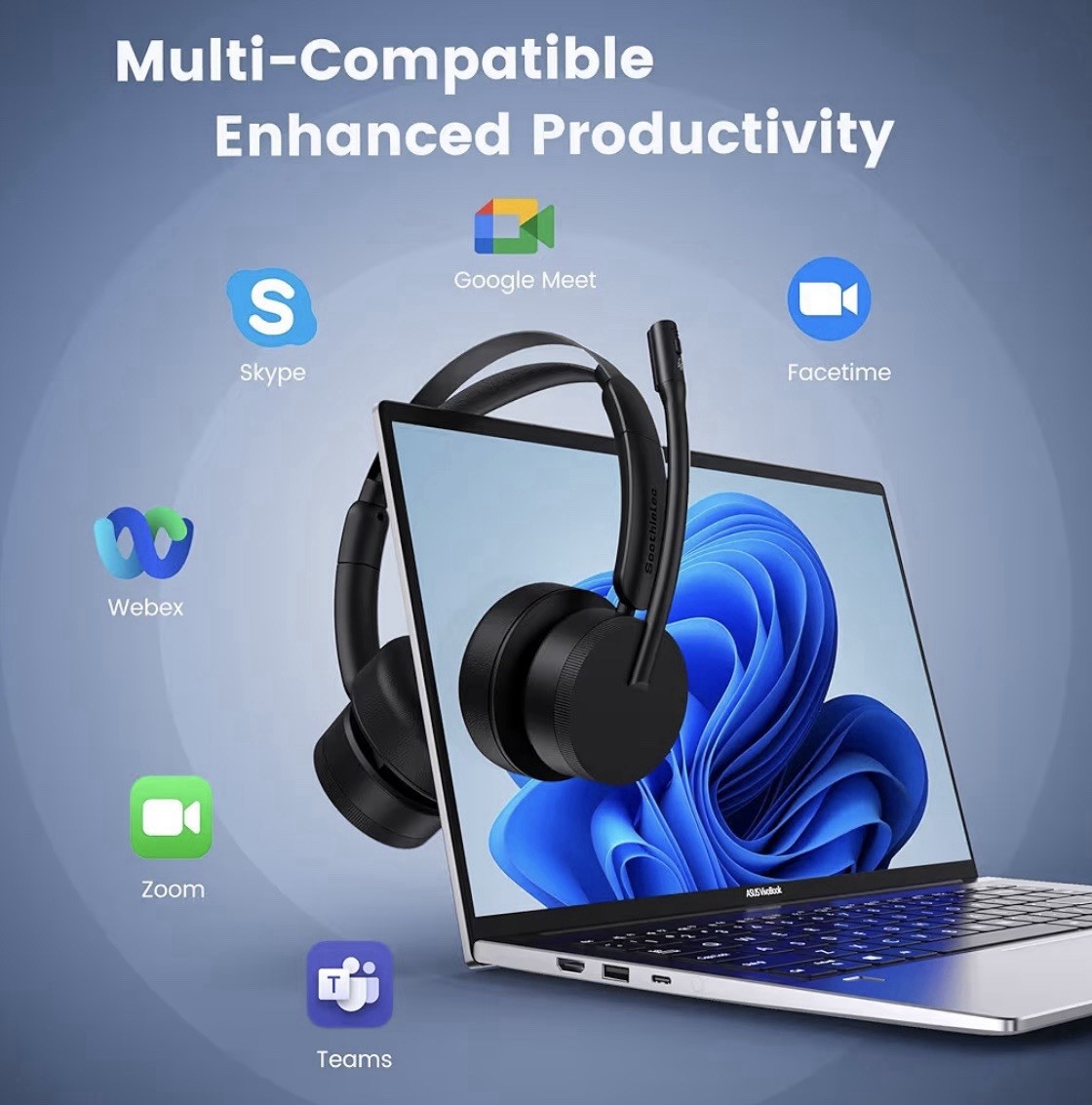 Soothielec KH156M Wireless Headset w Mic Bluetooth USB Dongle Noise Canceling