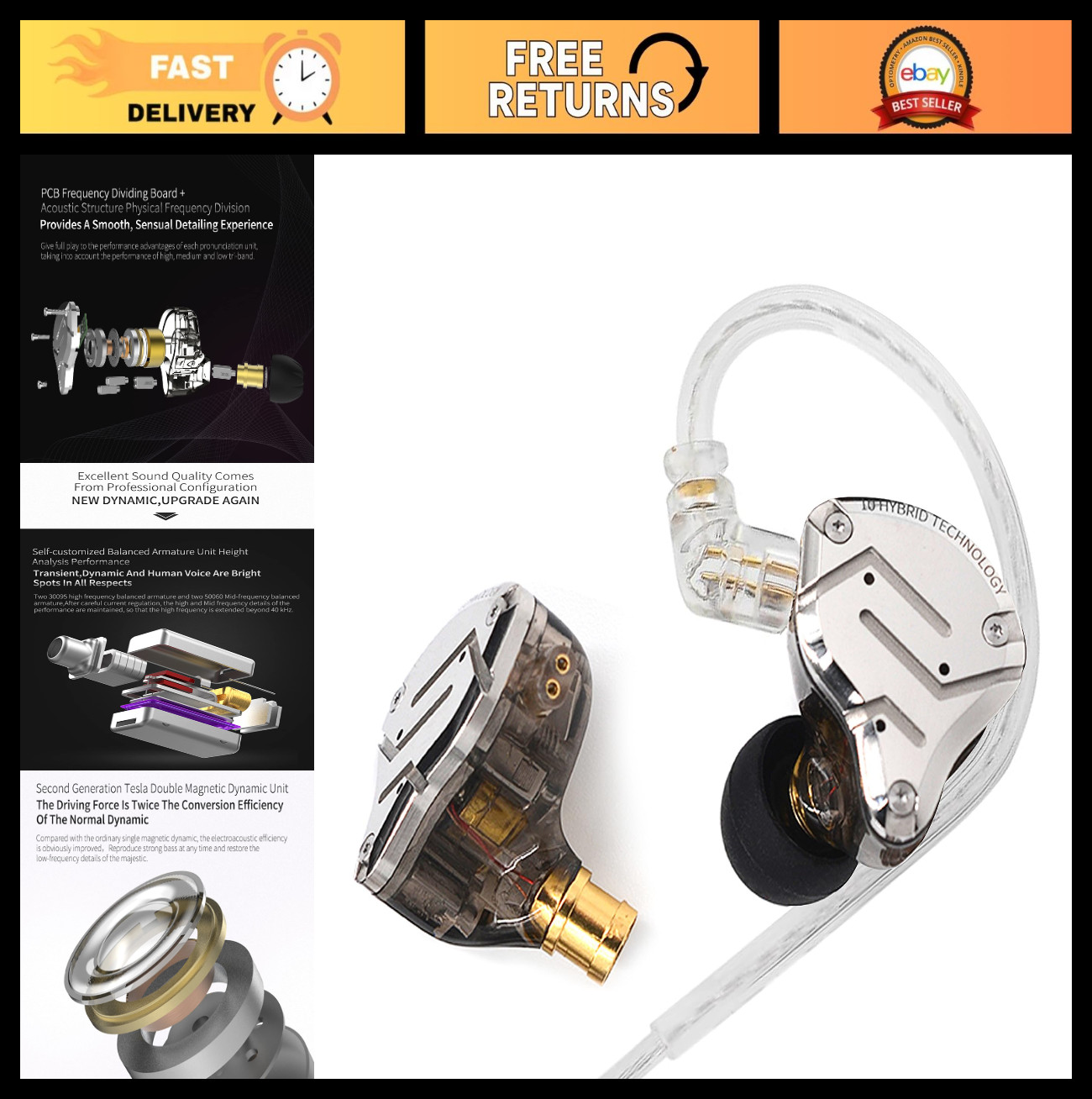 High-Performance 4BA+1DD Hybrid IEM Earphones, HiFi Gaming & Music Earbuds, Blac