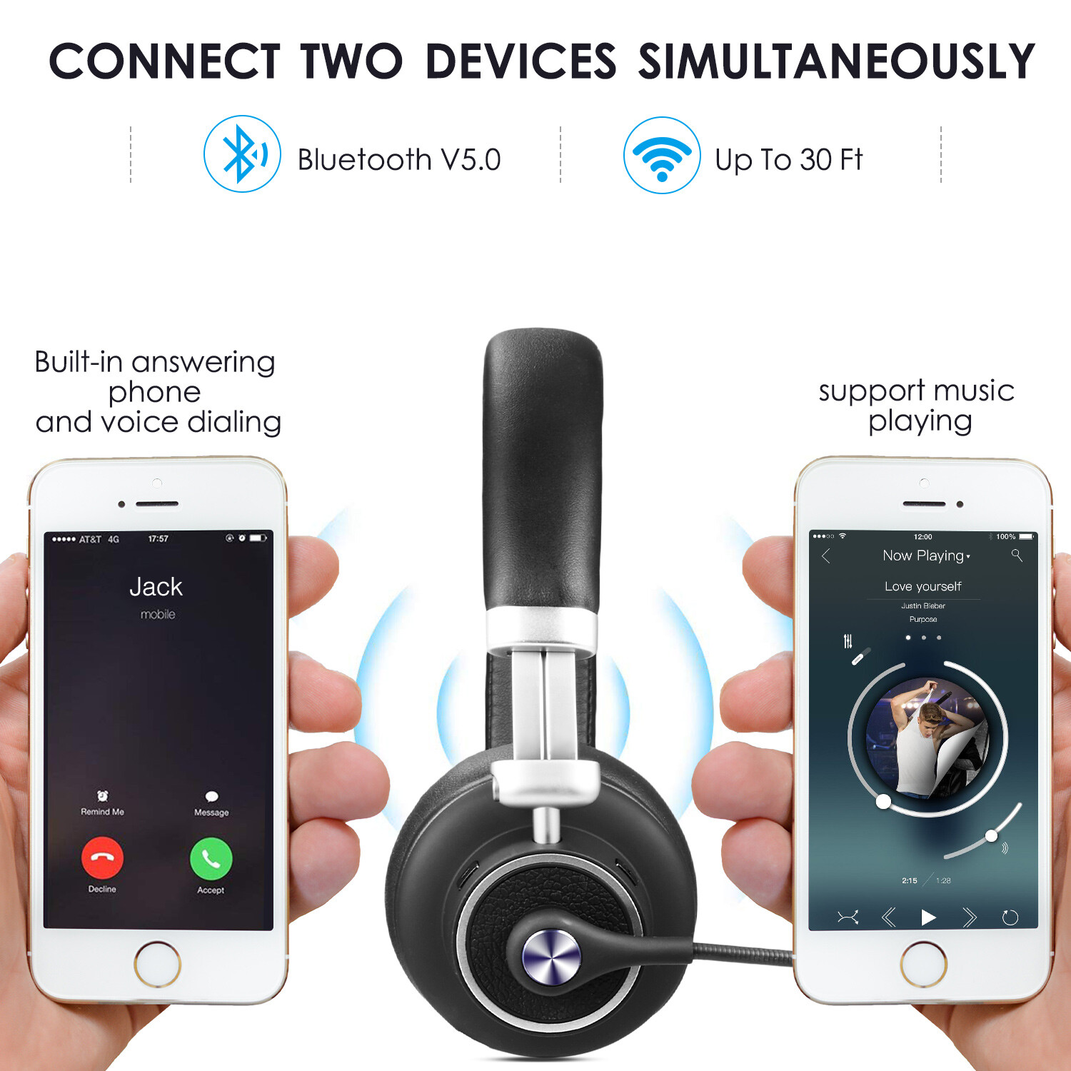 Wireless Bluetooth Headset Noise Canceling Headphones Over Head Boom with Mic