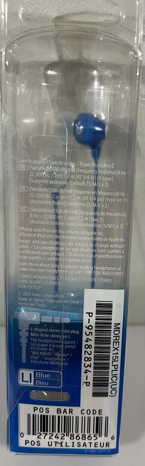 Sony MDR-EX15LPLIC Wired Headphones in Blue – New