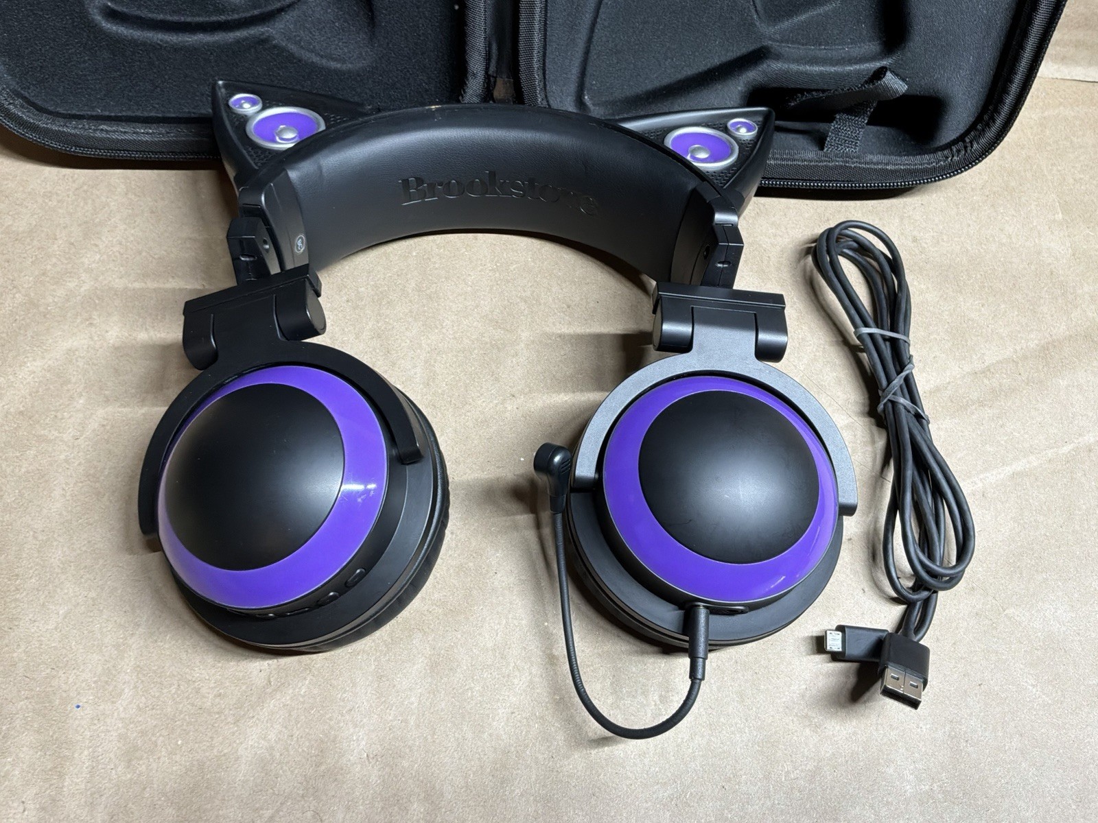Brookstone Purple Black Cat Ear Headphones w/ Storage Case and Micro USB Cable