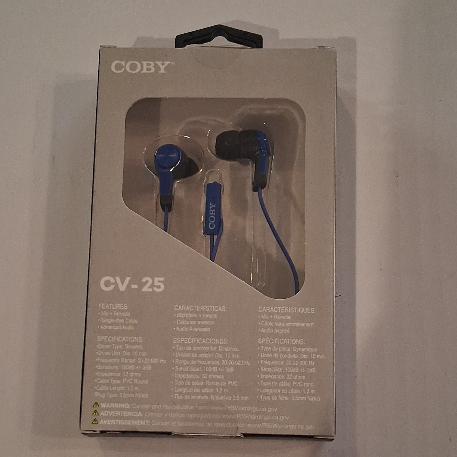 Coby CV-25 In-Ear Earbuds 3.5mm Built-In Mic/Remote Tangle-Free Blue/Black