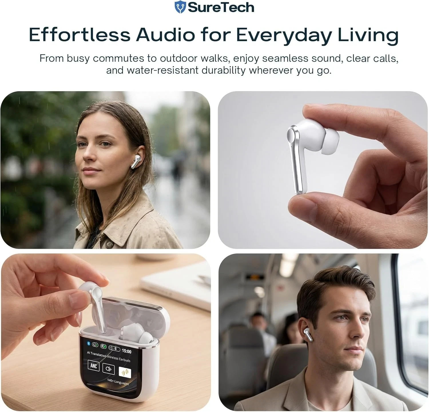 SureTech Wireless ANC/ENC AI Translation Ear Buds, Bluetooth 6.0, Touchscreen