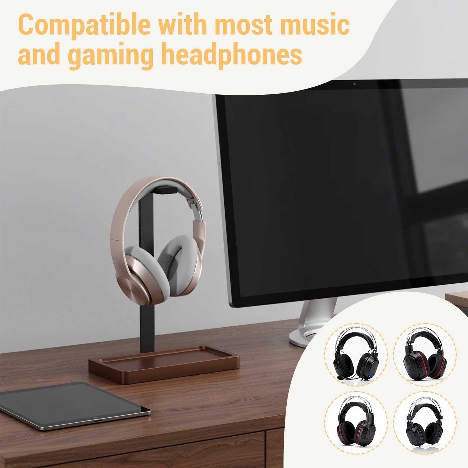 Dark Brown Walnut Wood Headset Holder Desktop Stand With Storage Base Gaming
