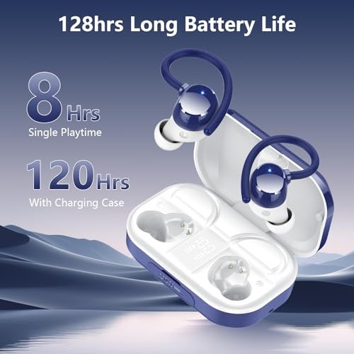 Wireless Earbuds, Bluetooth 5.4 Sport Headphones, 128H Playtime Over Navy Blue
