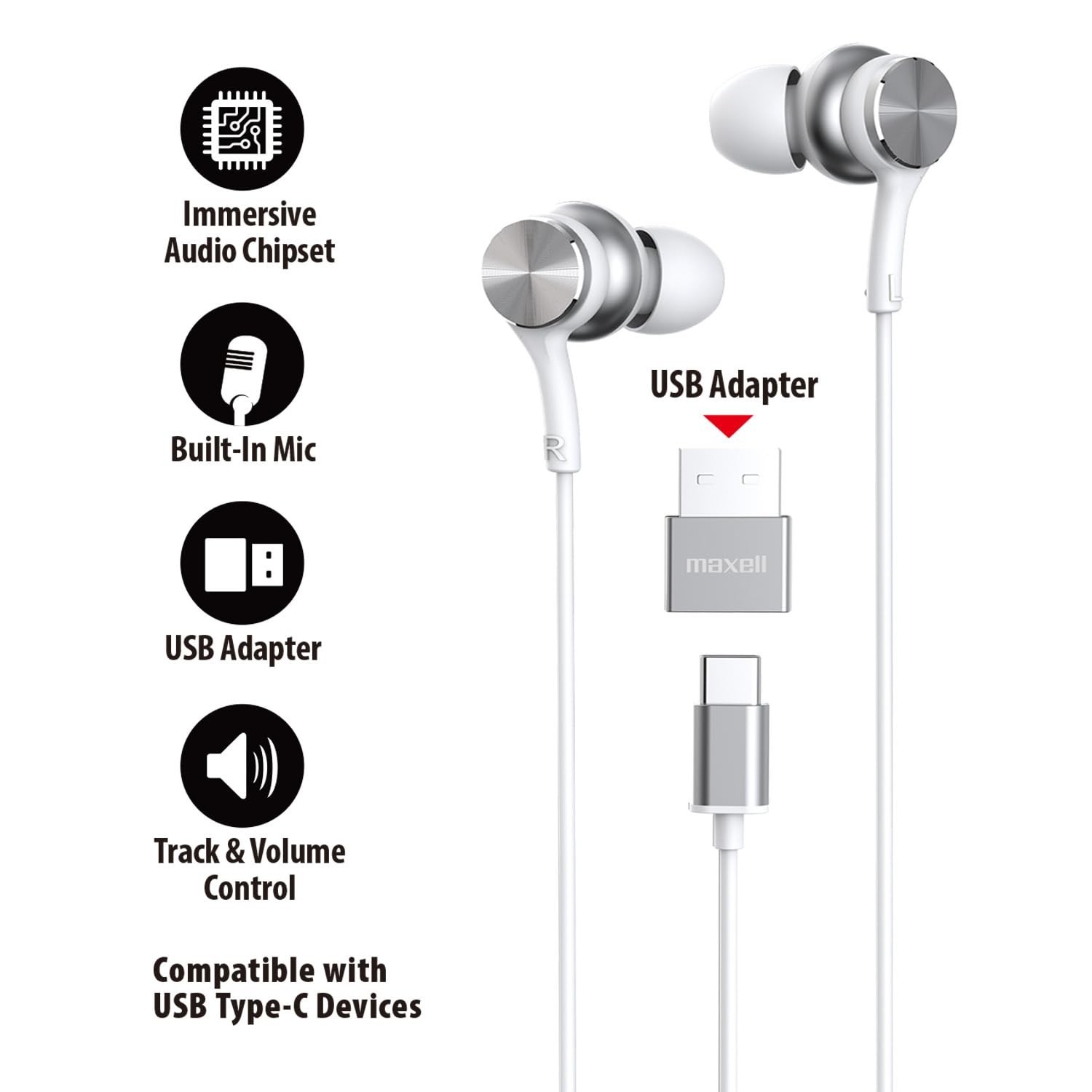 USB-C Wired Earbuds with USB-A Adapter, Built-in Mic, Volume Control, Compatible