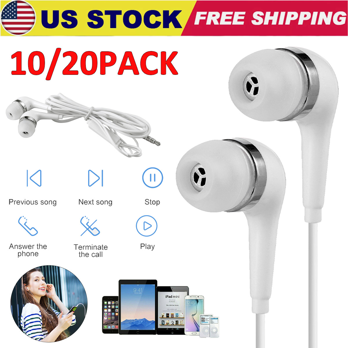 10/20pcs Earbuds Handsfree Wired Headphones Earphones W/ Mic For Samsung Iphone