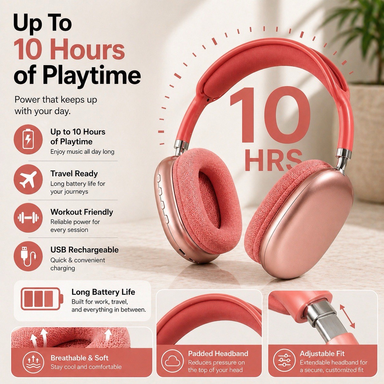 New P9 PRO MAX Headphones Noise Cancelling Bluetooth Earphones Red