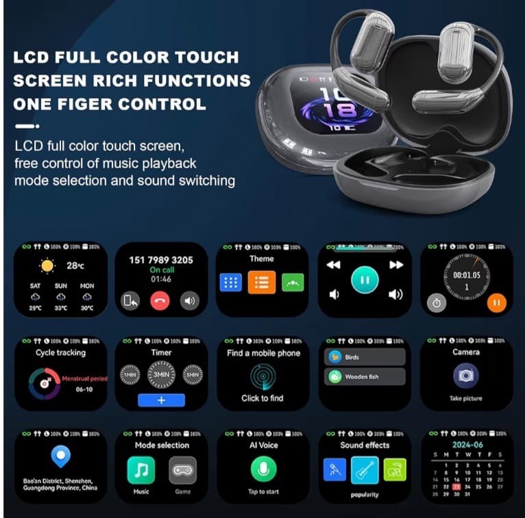 YYK Q16 Pro LCD Open-Ear Wireless Translator Earbuds, Noise Cancellation, Black