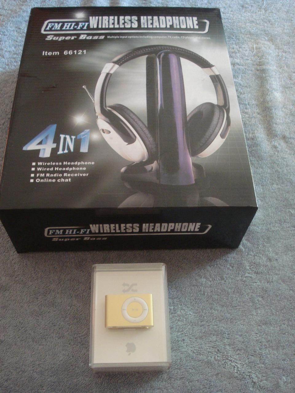 NEW 4 in 1 FM HI-FI WIRELESS HEADPHONE & NEW APPLE IPOD SHUFFLE 1GB