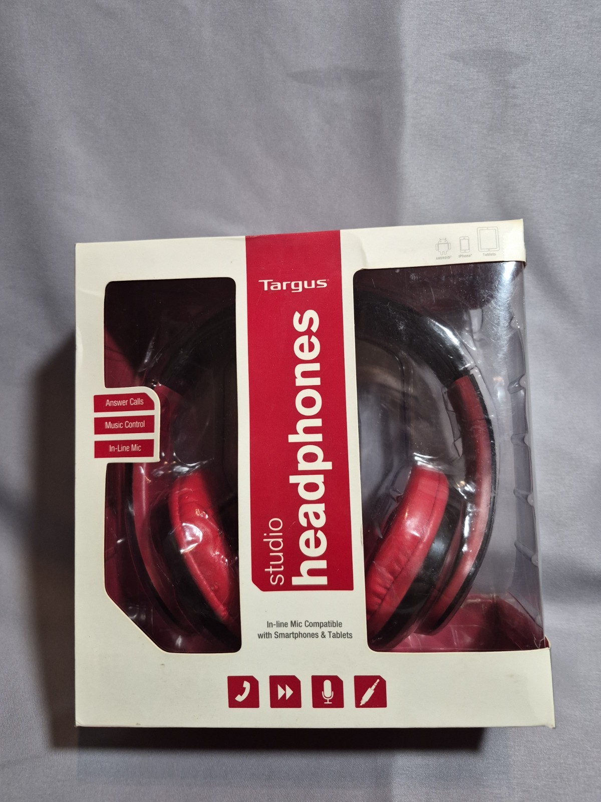 Targus Studio On-Ear Headphones Wired 3.5mm In-Line Control Mic Red/Black