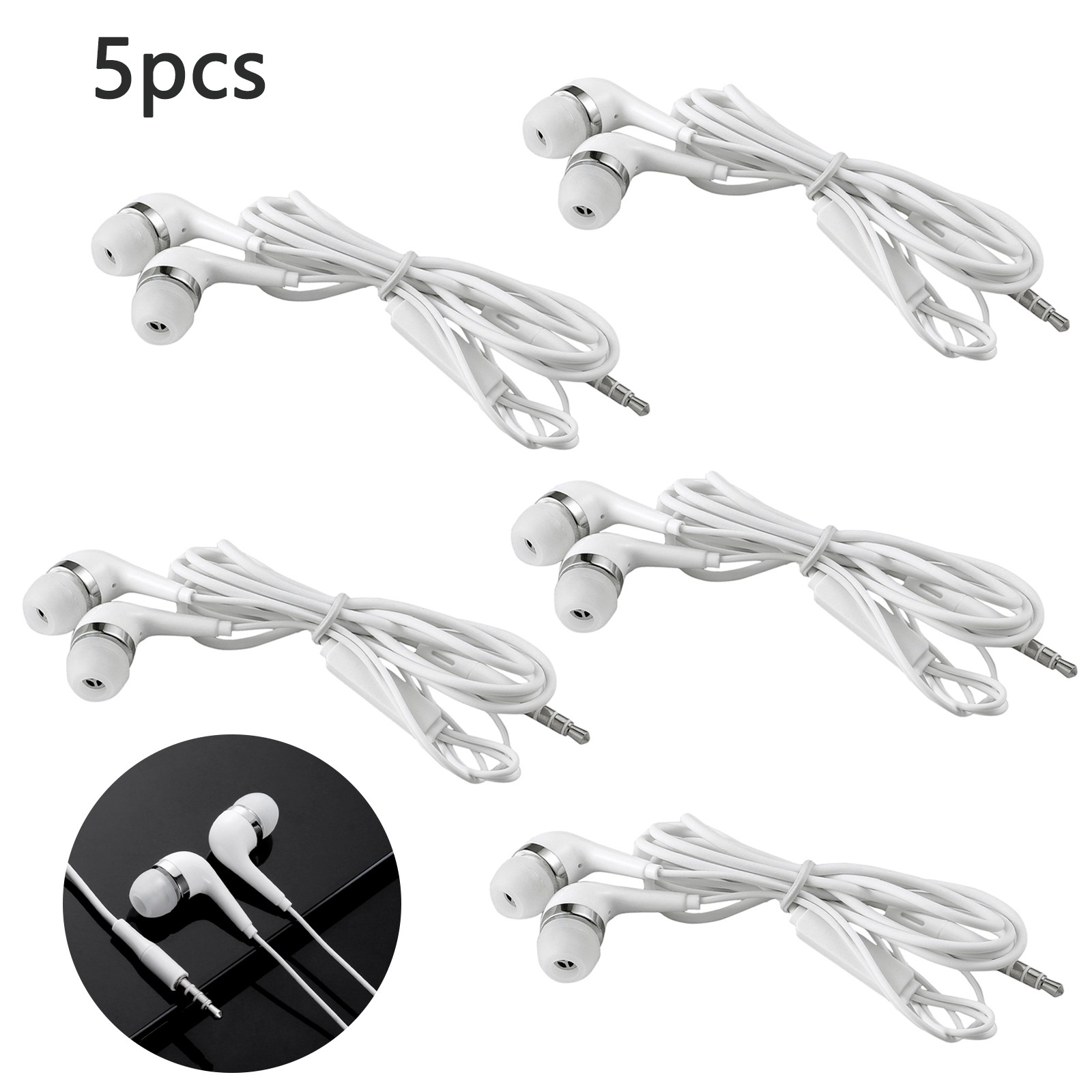 5PCS Wired Single Button Universal Headset For Listen To Music 3.5mm Plug White
