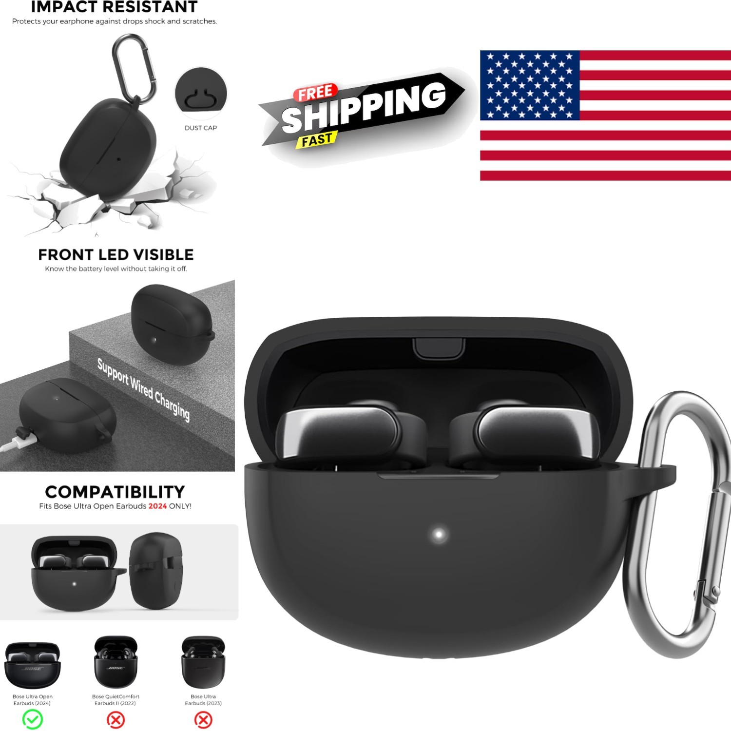 Silicone Case for New Bose Ultra Open Earbuds Black Shockproof Protective Cover