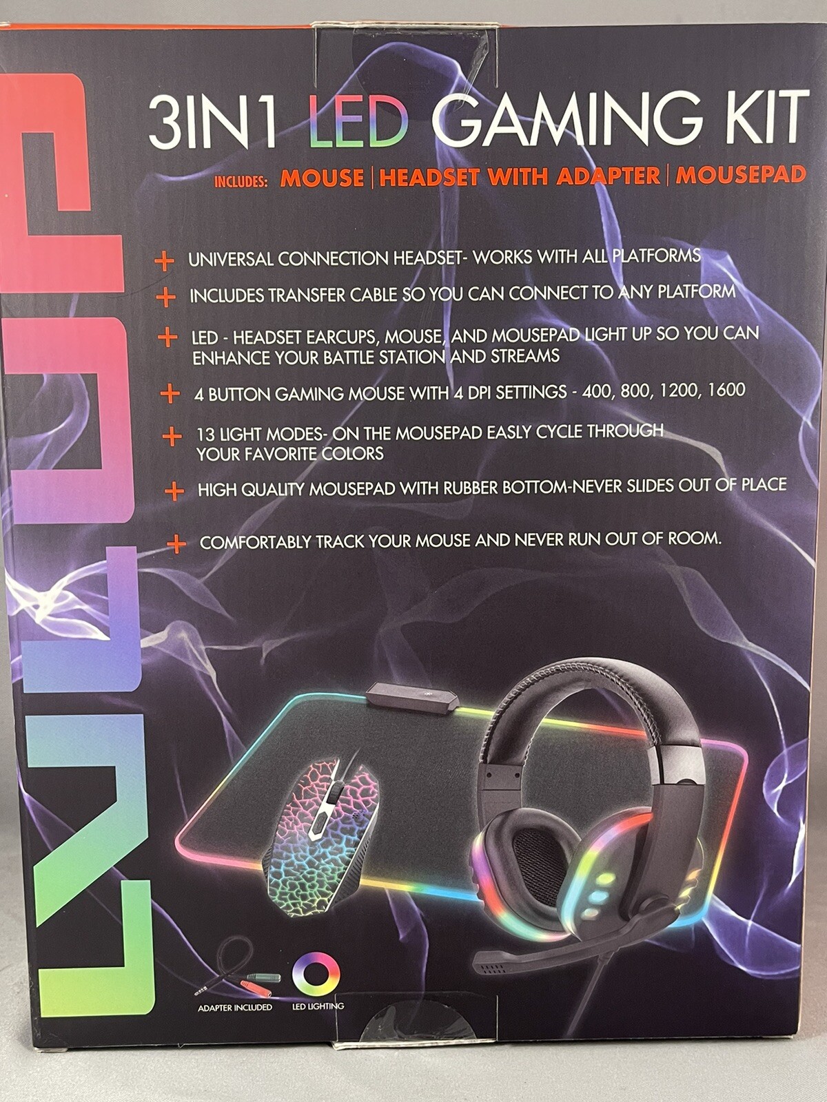 New Sealed LVLUP 3 Piece LED Light Up Pro Gaming Kit- Headset / Mouse / Mousepad