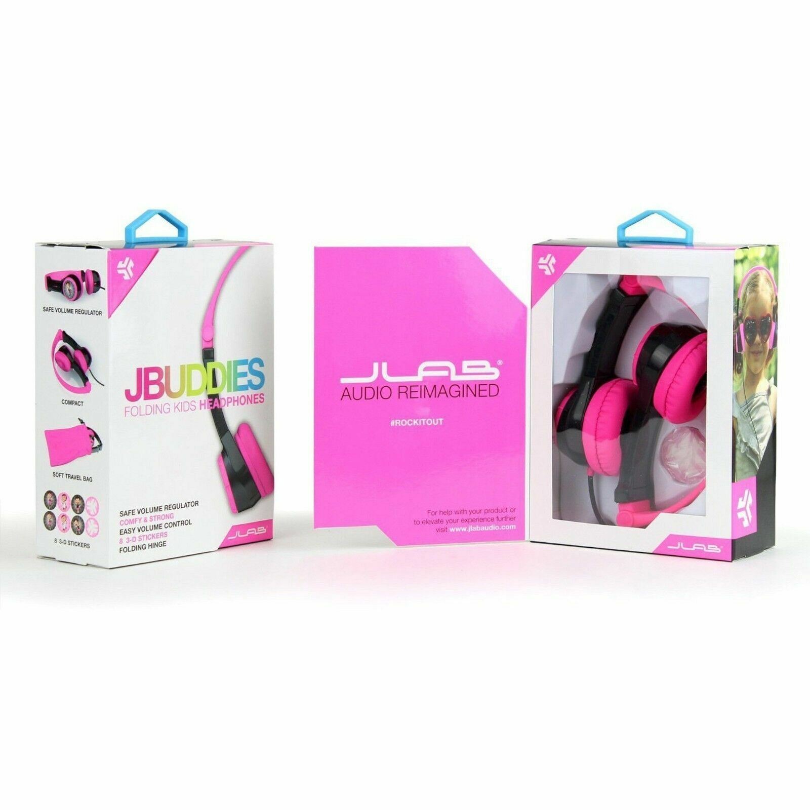NEW JLab JBuddies PINK/BLACK Folding On Ear Wired KIDS Headphones portable safe