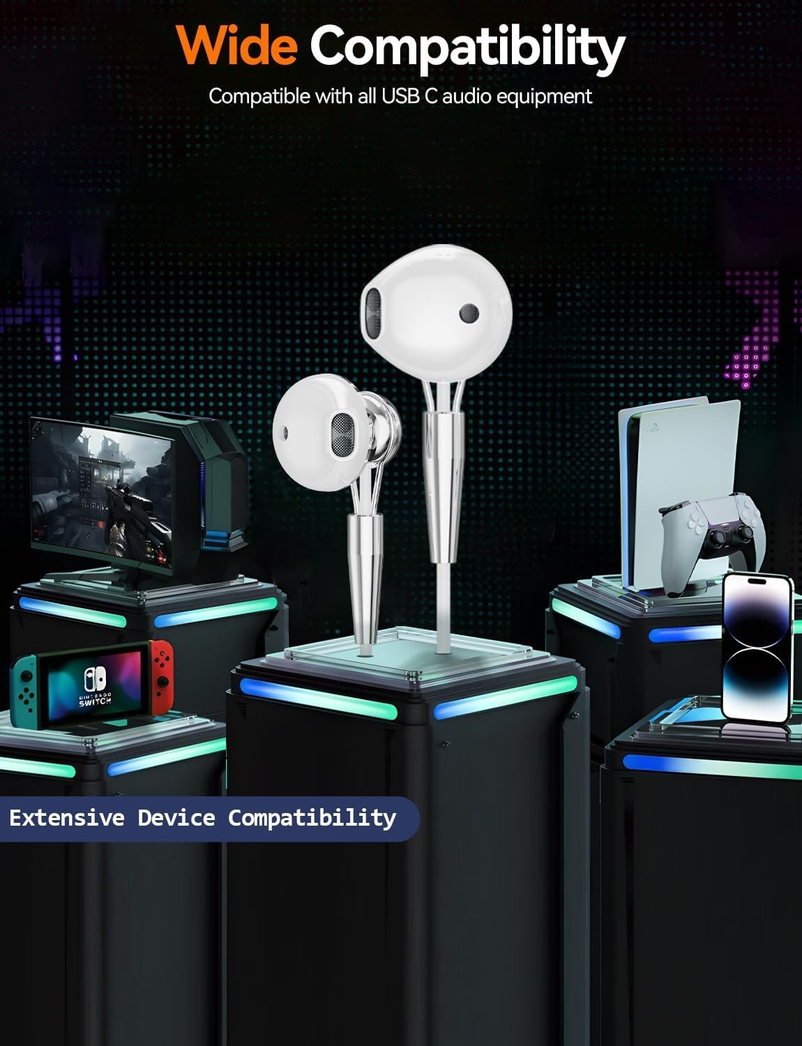 Wired Gaming Earbuds w/ ENC Microphone,USB C Active Noise Cancelling Stereo Bass